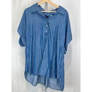 TALBOTS Popover Tunic Top Rolled Short Sleeve Henley Chambray Blue Size 2X Plus